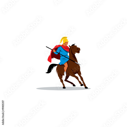 Ancient Greek warrior on horseback  preparing to fight or fight. Vector Illustration