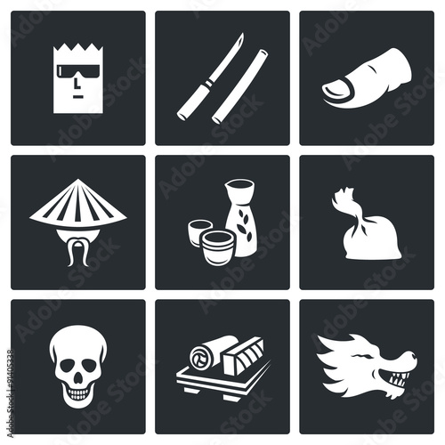 Yakuza, Japans organized crime icons set. Vector Illustration. photo