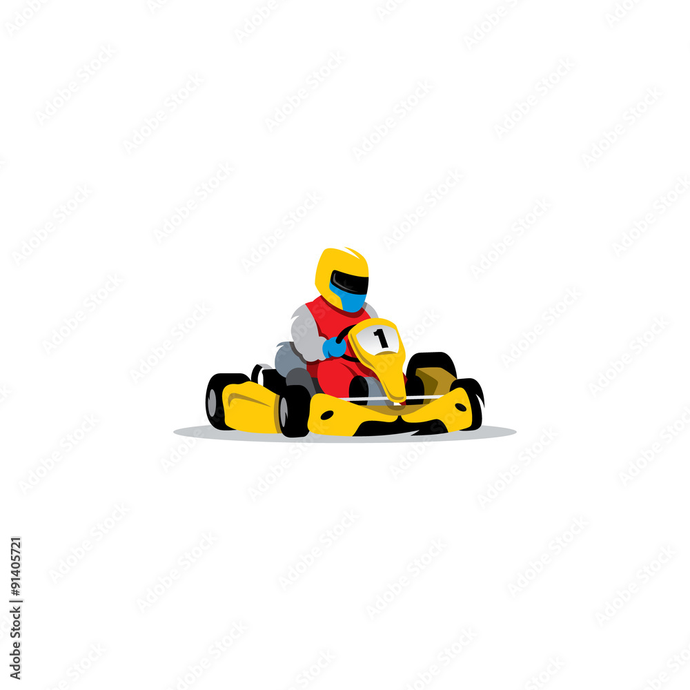 Kart racing sign. Young race car driver in the helmet at wheel. Vector Illustration.