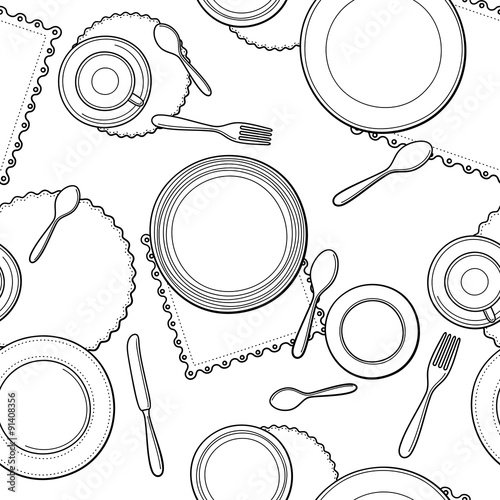 Tableware seamless pattern. Hand-drawn various dishware such as spoon, fork, knife, cups and plates at a table. Black and white colors. Vector background.