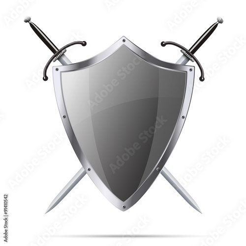 Metallic glittering shield and two swords isolated on white