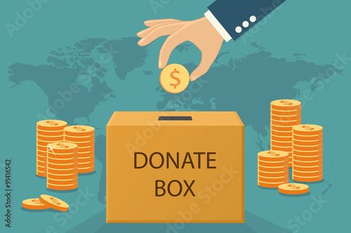 Donation concept. Hand putting coin in the donate box. Flat style