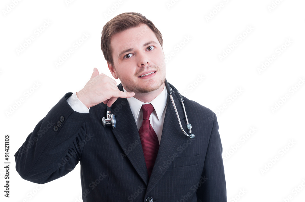 Medic or doctor making call me and contact us gesture Medic or doctor making call me and contact us gesture