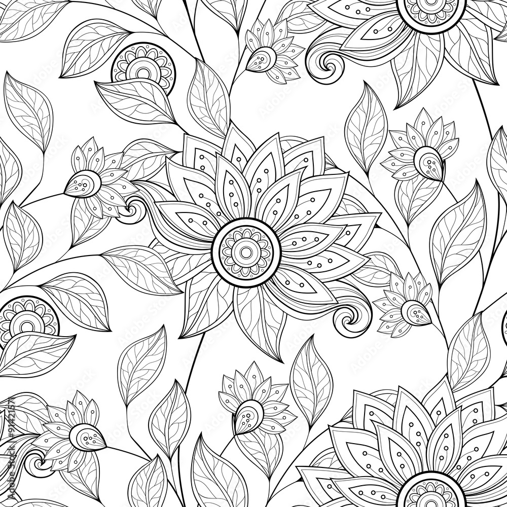 Vector Seamless Monochrome Floral Pattern