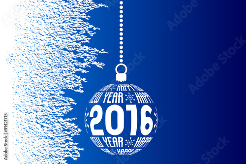 Happy New Year 2016 greeting card, blue white ice background with christmas ball and with place for text