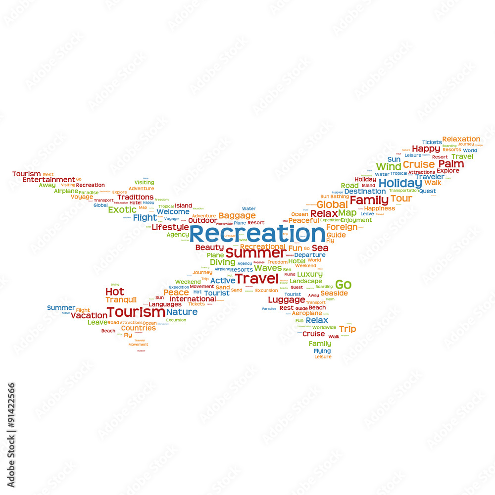 Obraz premium Concept or conceptual colorful plane silhouette travel tourism text word cloud