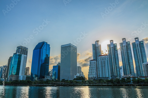 View of Bangkok cityscape downtown at sunrise in morning