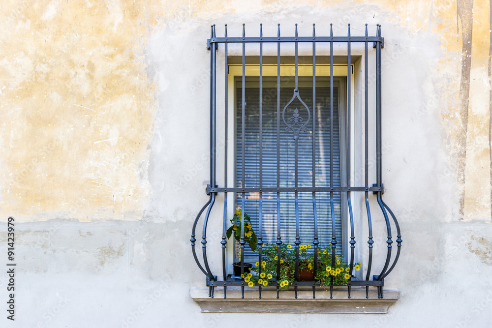 Window Railing Old Type vintage window with railings and yellow flowers Stock Photo | Adobe Stock