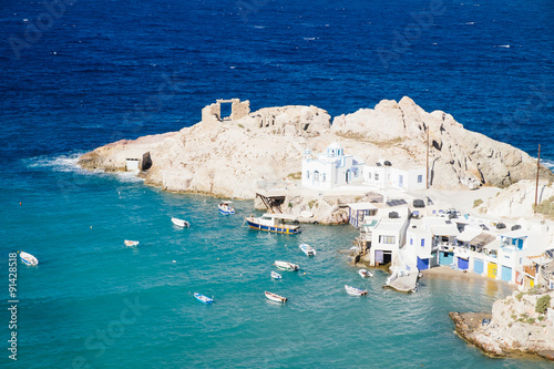 Scenic view of beautiful fishermen village Fyropotamos on Milos photo