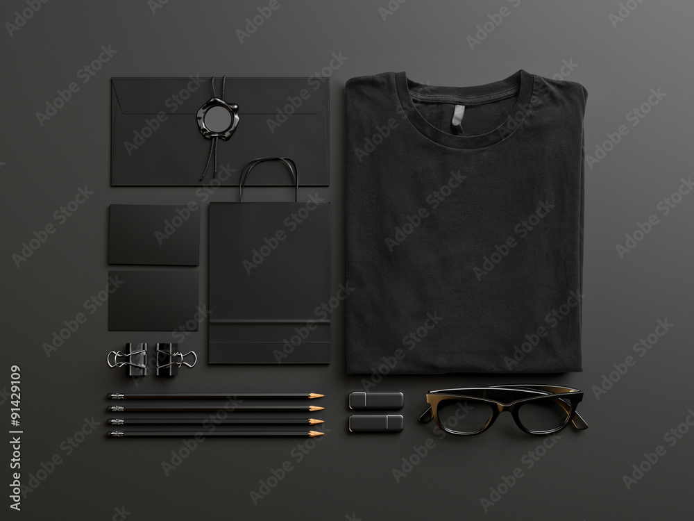 Set of black mockup elements on the blank background. 3d render Stock