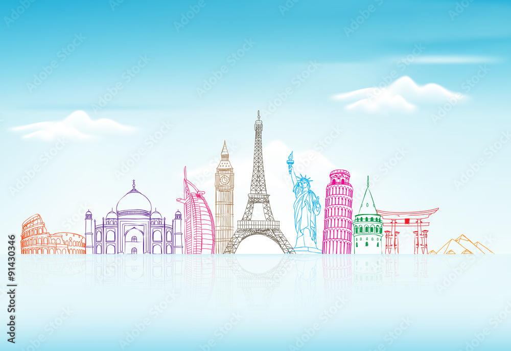 Travel and Tourism Background with Famous World Landmarks in 3d Realistic and Sketch