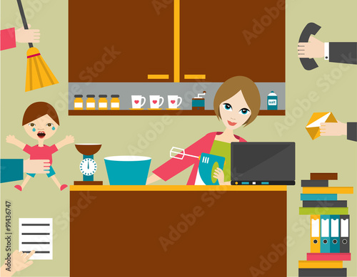 Busy multitask woman, mother managing her work with smile.