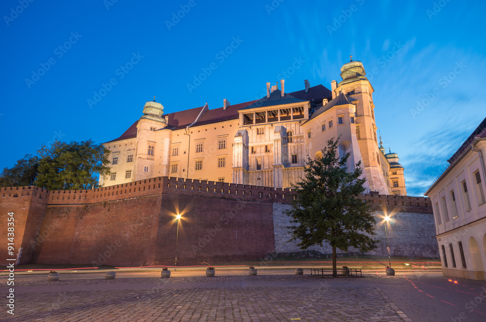 Wawel Castle seen from Grodzka street in the evening, Krakow, Poland