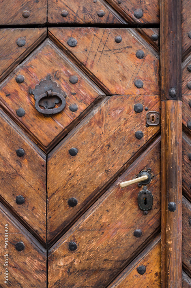 Ancient oak wood door with handle