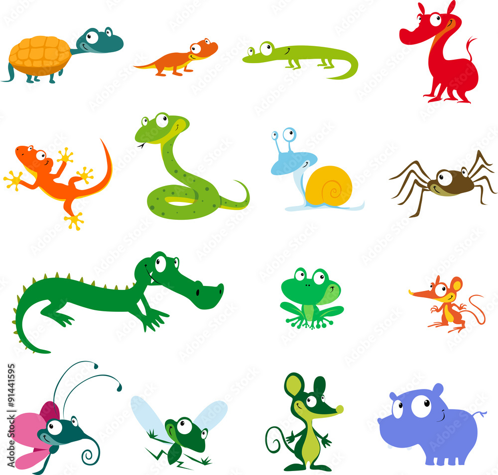 Naklejka simple vector animals cartoon - amphibians, reptiles and other creatures
