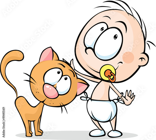 toddler standing and stroking a cat - vector illustration