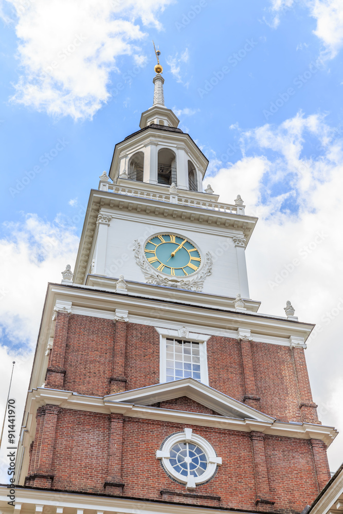 Brick clock tower at historic Independence Hall National Park in