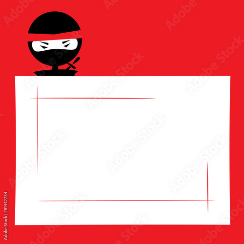 Vector illustration of a cartoon ninja hiding and spying. Place for text on a white background. Red, black and white colors.