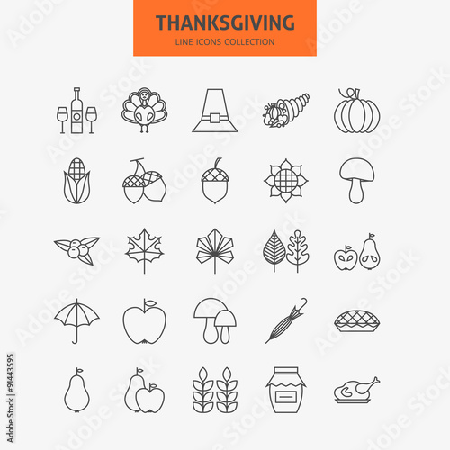 Line Thanksgiving Day Holiday Icons Big Set