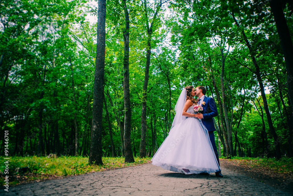 beautiful young couple posing in the park on a background of trees beautiful young couple posing in the park on a background of trees