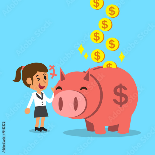 Cartoon businesswoman saving money with pink piggy for design.