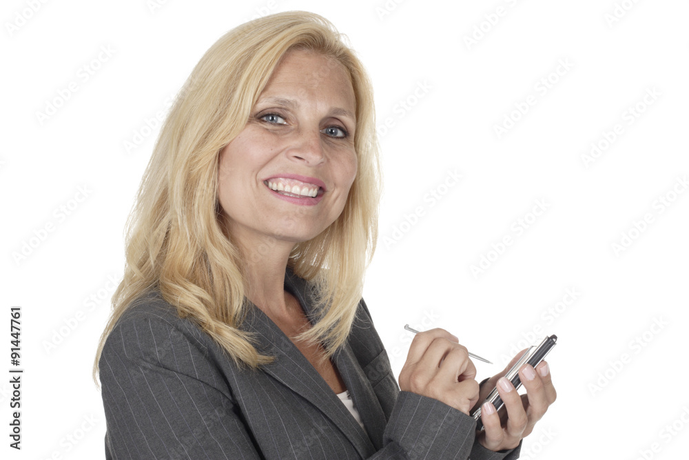 Business Woman Holds PDA and Smiles at Camera Business Woman Holds PDA and Smiles at Camera