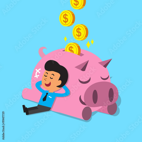 Cartoon man falling asleep with pink piggy for design.