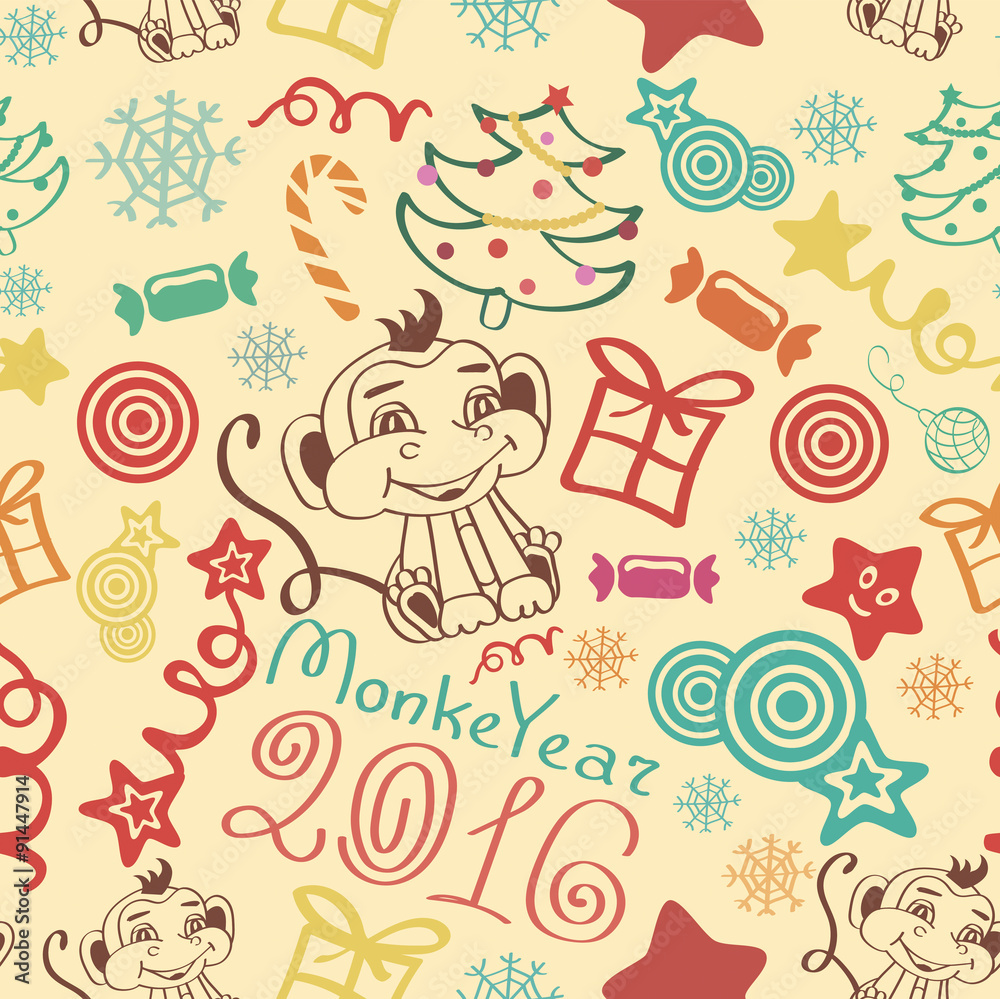 New Year  & Christmas pattern. Monkey year 2016