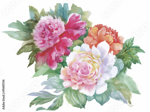 Watercolor flowers in classical style on a white background