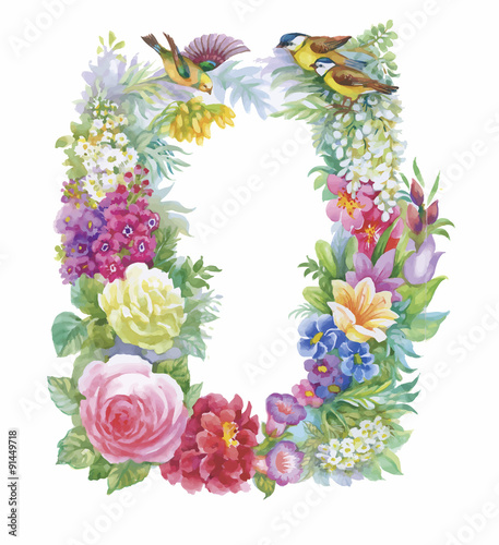 Watercolor wild exotic birds on flowers 