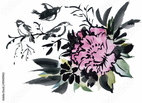 Watercolor wild exotic birds on flowers 