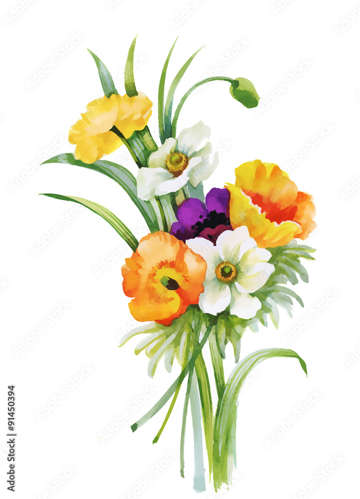 Watercolor flowers in classical style on a white background Watercolor flowers in classical style on a white background