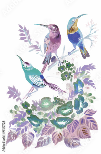Watercolor wild exotic birds on flowers 
