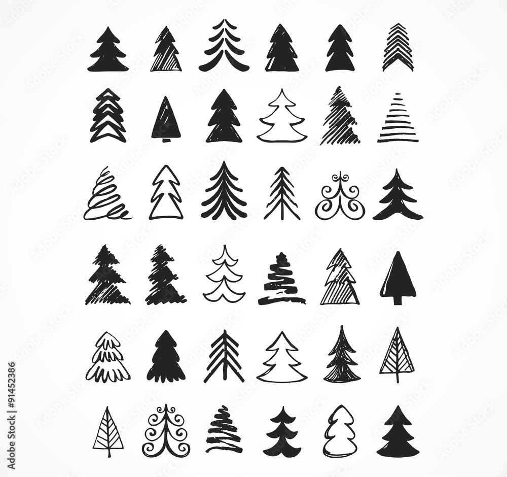 Hand drawn Christmas tree icons and elements