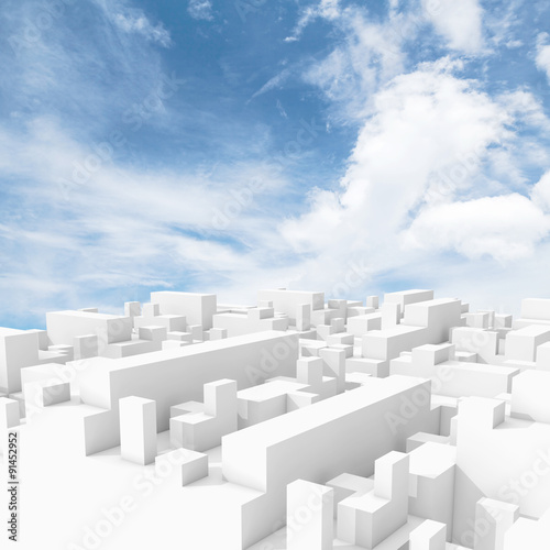 Abstract white digital 3d cityscape with clouds