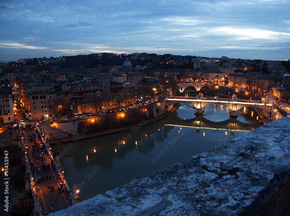 Top view to Tiber and bridges from castel of Saint Angelo