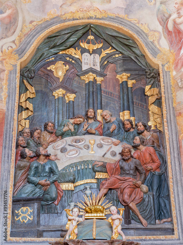 Banska Stiavnica - The carved polychrome relief of Last supper 