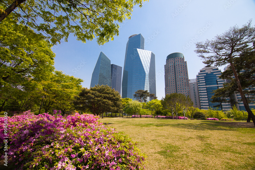Naklejka premium Park near office buildings in Seoul