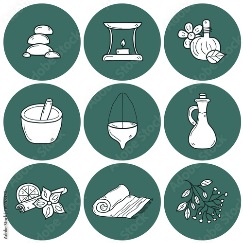 Set of cartoon ayurvedic icons in outline hand drawn style