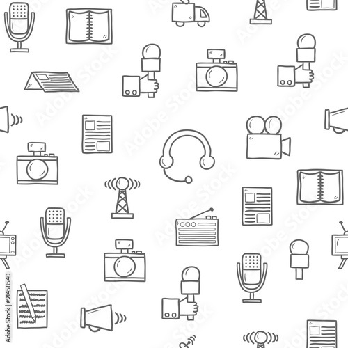 Seamless background on journalism theme with hand drawn objects