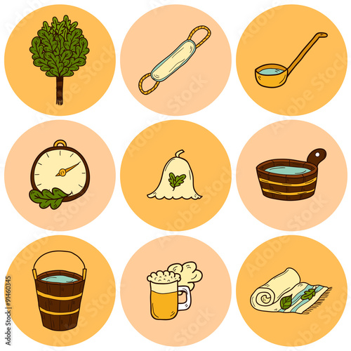 Set of hand drawn sauna icons: broom, towel, hat, wisp, beer