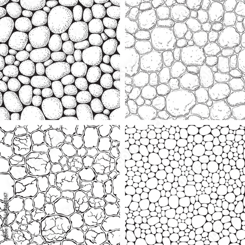 Seamless pattern with stones. Vector set of backgrounds with pebble at engraving style.