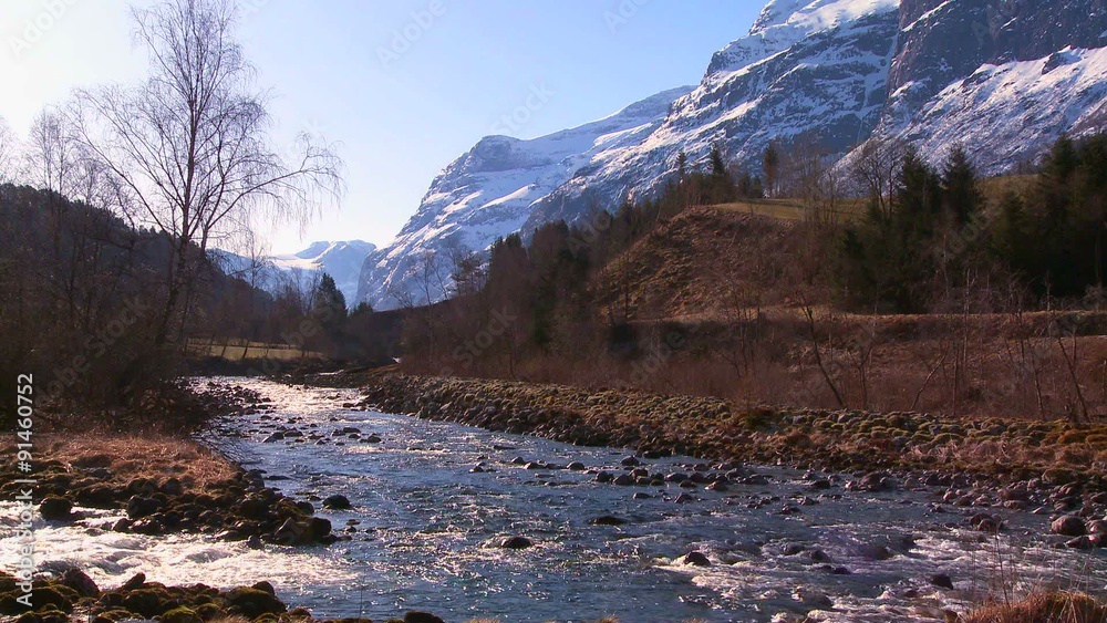 A beautiful river runs through a snowy fjord in Norway. A beautiful river runs through a snowy fjord in Norway.