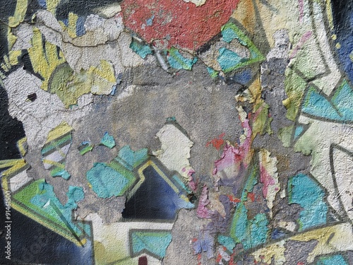Aging Wall: Peeling Paint with Abstract Colorful Pattern  