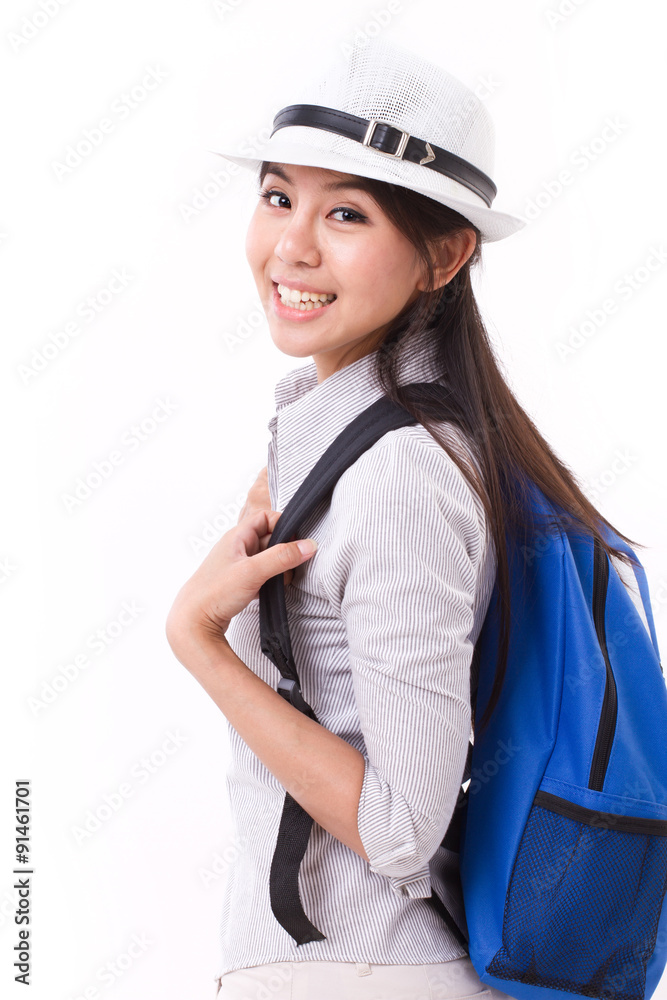 happy asian female traveller isolated happy asian female traveller isolated