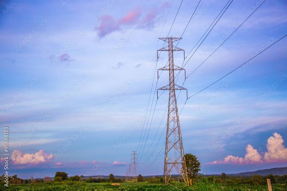 Obraz premium electricity high voltage power post in paddy field