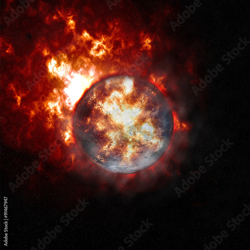 Fototapeta Naklejka Na Ścianę i Meble -  Abstract background of burning planet or sun. Apocalypse. Exploding planet