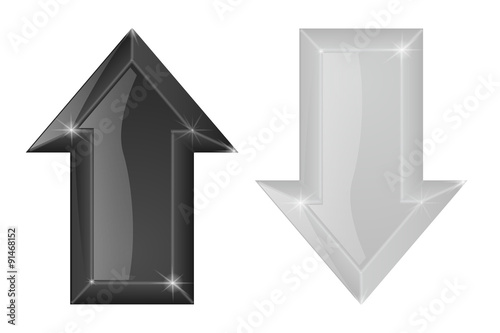 Arrow. Shiny glass button. White and black web icon. 