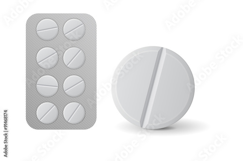 Pills blister pack. White tablet. 