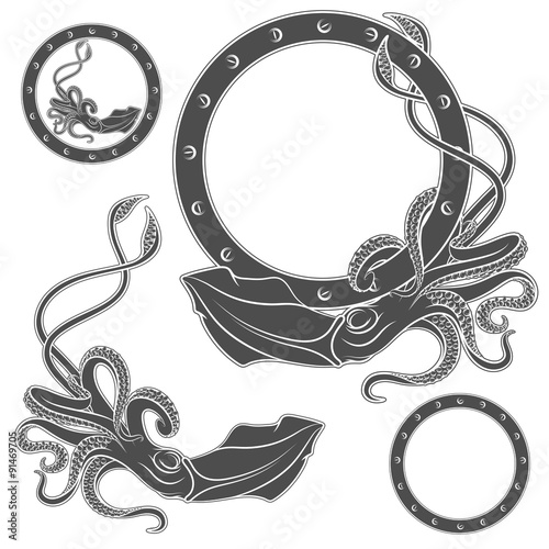 Set of black and white illustrations with squid on a white background 